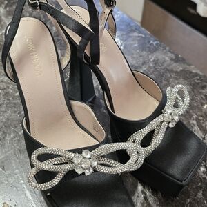 Elegant Black Satin Platform Heels with Rhinestone Detail